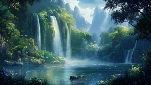 Misty emerald waterfalls over tranquil fantasy lagoon.
