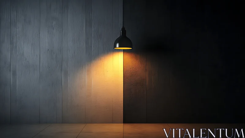 Hanging lamp casts warm light across dark split wall.