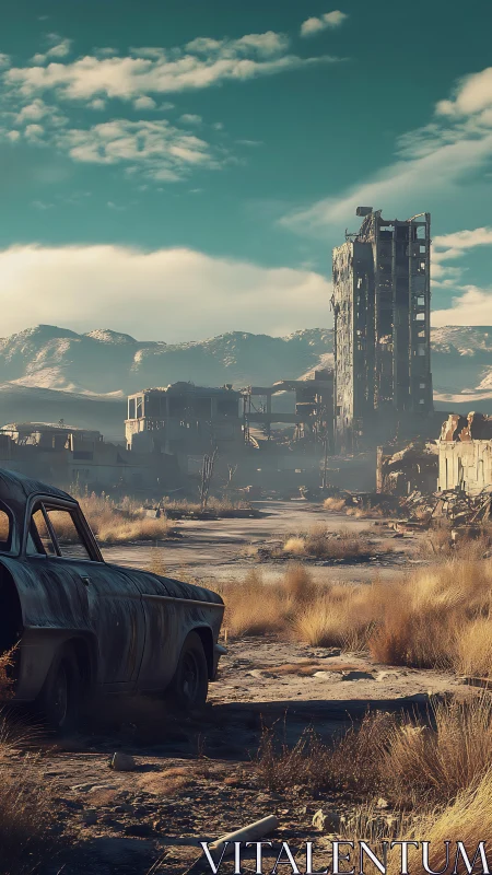 Ruined roadside structures with abandoned car in arid zone.