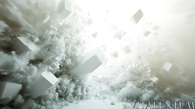Abstract white cubes exploding in misty digital 3D art style.