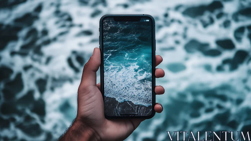 Hand holds smartphone framing turbulent teal ocean surf.