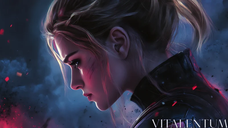 Side-profile cyber warrior in ember-lit battlefield haze