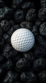 White golf ball rests sharply on dark textured stones