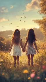 Sunlit sisters walking hand in hand through wildflowers.