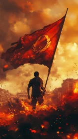 Lone figure raising a blazing red banner over a burning city.