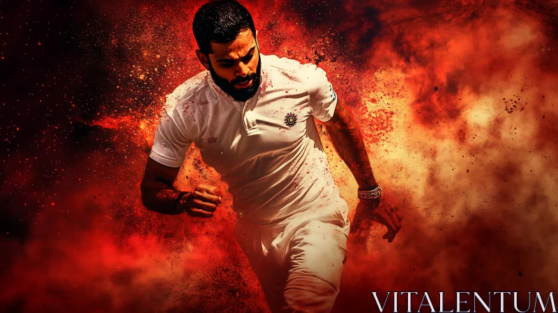 Cricket player sprints through fiery explosion of color.