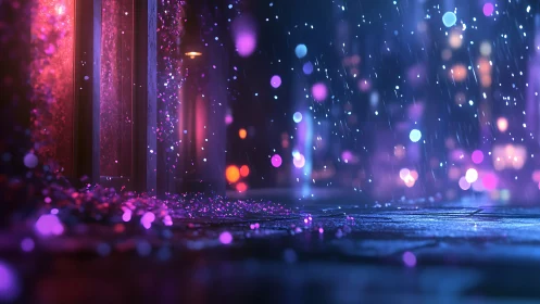 Neon lit wet pavement with rain and blurred city lights.