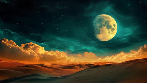 Vast lunar desert glows beneath a luminous teal night sky