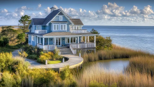 Coastal Charm: A Blue Victorian Home Welcomes the Sea.