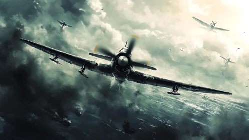 Warplane squadron dives through stormlit battle skies.