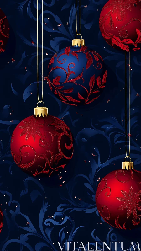 Ornamental red and blue baubles on baroque midnight backdrop.