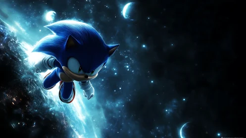 Cel-shaded blue speedster soaring through luminous cosmos field.