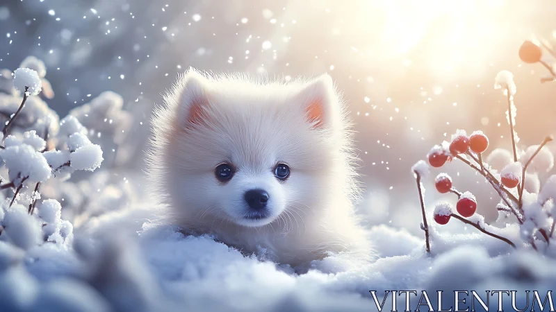 Snowflake-bright puppy studies winter berries in soft glow