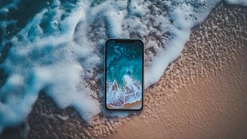 Smartphone with edge-to-edge display lies in wet sand amid surf