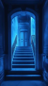 Monochrome blue stairwell in symmetrical architectural framing.