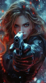 Female gun wielder in close frontal view, digital scene.