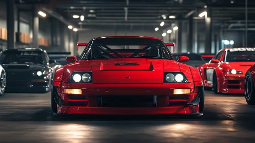 Track-prepped red sports car dominates cinematic garage scene
