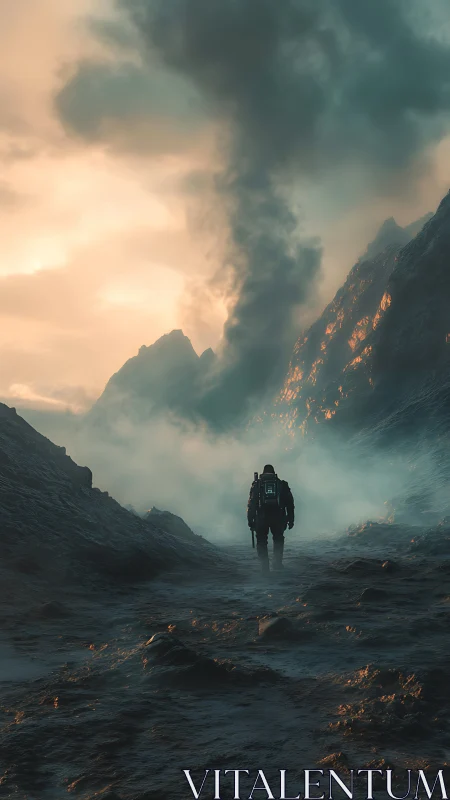 Lone explorer walking through smoky volcanic valley.