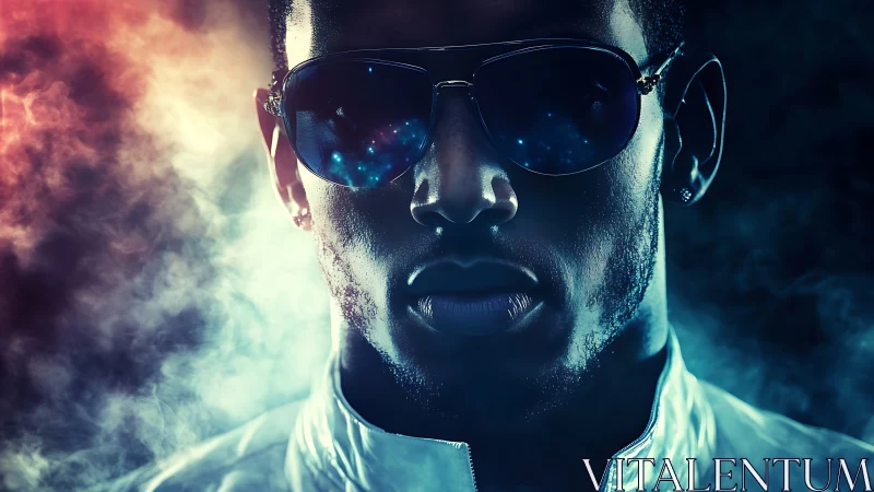 Futuristic portrait renders neon-lit smoke and reflective lenses