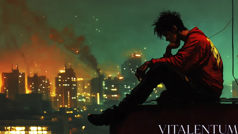 Quiet rooftop moment above a glowing, restless city night.