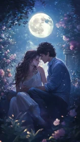 Moonlit Romantic Embrace: Digital Illustration with Celestial Lighting