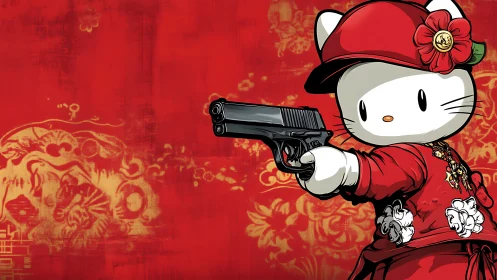 Bold cartoon cat in red outfit poses with a dramatic gun