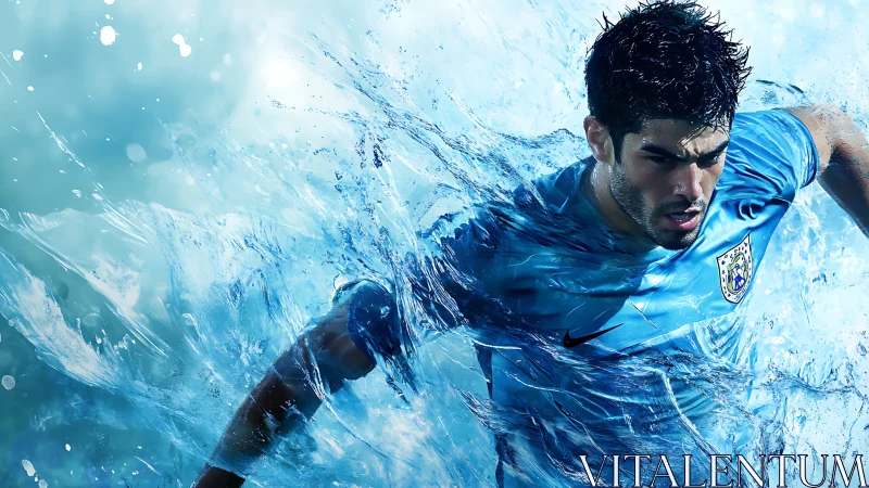 Dynamic footballer bursting through abstract water splash.