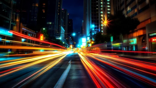 Light trails streak through dense high rise city street at night