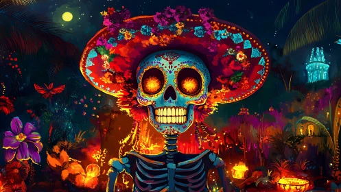 Skeleton with floral sombrero in nocturnal festival setting.