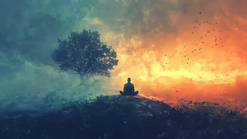 Solitary figure meditates between storm and burning sky