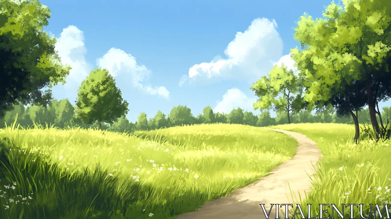 Sunlit country path winds through bright summer meadow.