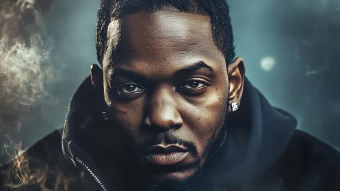 Close-up portrait of man in dark hoodie with smoke haze.