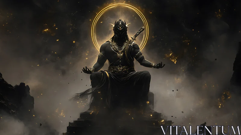 Mystic warrior sits in glowing halo amid swirling twilight.