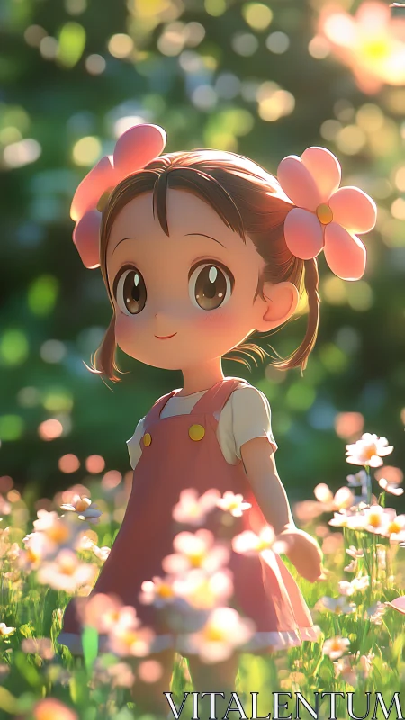 Sunlit anime child in shallow-depth flower field rendering.
