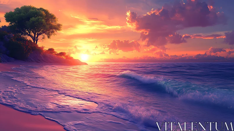 Vivid sunset over calm ocean waves and quiet shoreline.