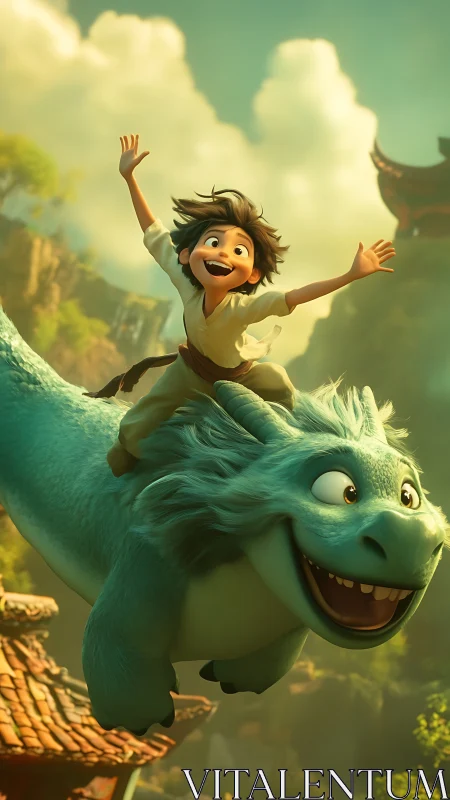 Joyful boy rides smiling dragon above sunlit valley