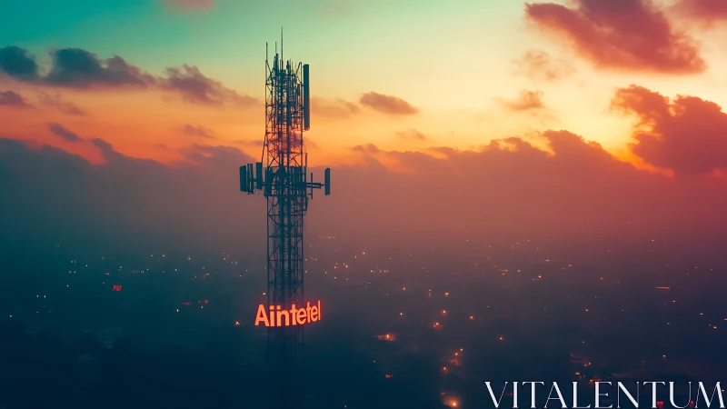 Cell tower rises over foggy city under neon dusk sky