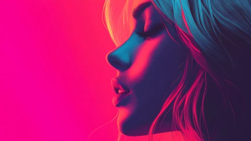 Neon side profile portrait under pink and cyan light glow.