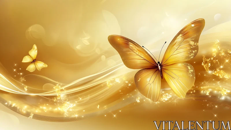 Golden butterflies glide through luminous particle streams and waves