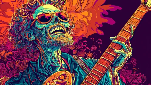 Psychedelic spectral guitarist in neon chromatic turbulence.