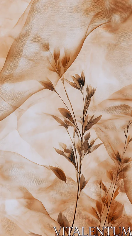 Dried branches overlap sheer fabric in soft sepia tones