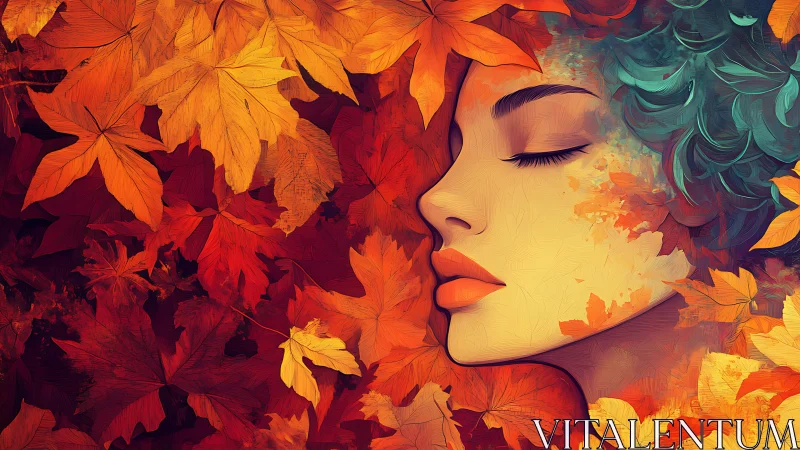 Digital painting portrait immersed in abstract autumn foliage.