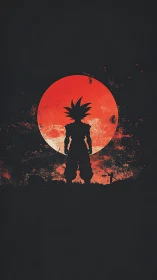 Silhouetted spiky-haired figure before large red circular moon.