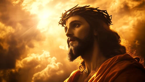 Portrait of crowned man illuminated by radiant golden sky