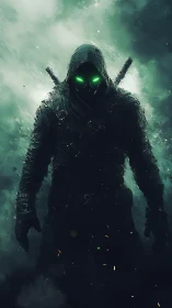 Emerald-eyed shadow warrior stalks through stormlit mist