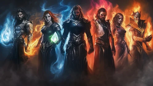 Elemental mage lineup in cinematic fantasy digital painting.
