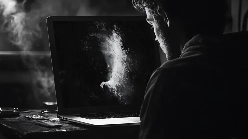 Man stares at spectral face emerging from laptop screen.