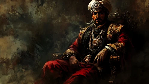 Imperial sultan portrait in jeweled red robes on throne.