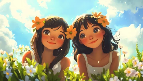 Sunny flower-crowned friends sharing a bright, gentle day.