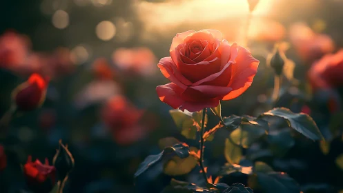 Golden Hour Red Rose Portrait With Selective Focus Garden.